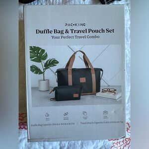 Black and Brown Duffle Bag & Travel Pouch Set